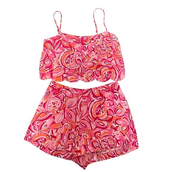 Lilly Pulitzer Ivy Crop Top & Short Set Mango Salsa Pink Orange Rare Size 0 - Picture 2 of 7